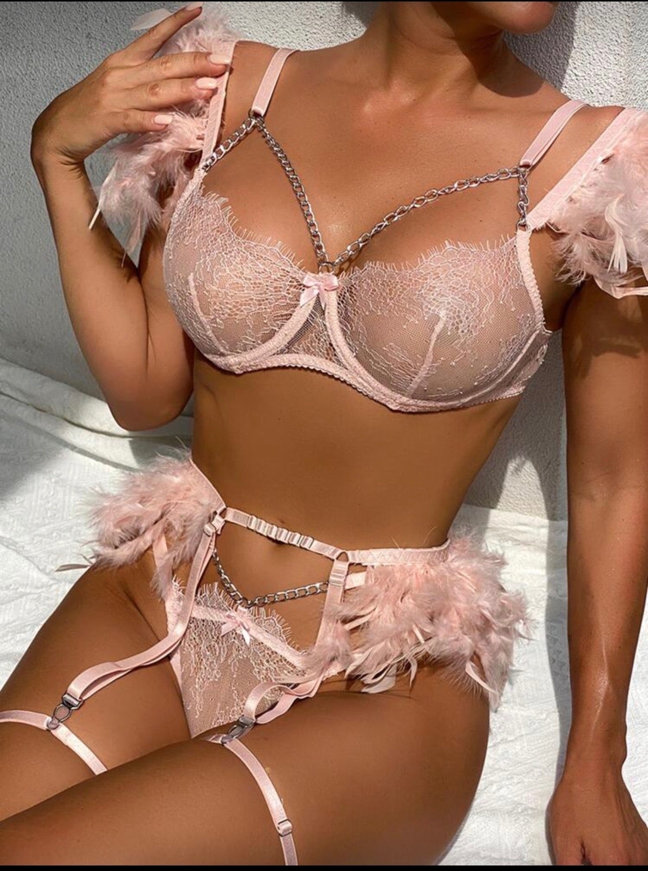 Pink Fantasy - Luxus Dessous-Set mit Federn